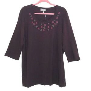 NEW Selection by Ulla PopkenTop Size 16/18 Purple Long Sleeve Scoop Neck Beaded